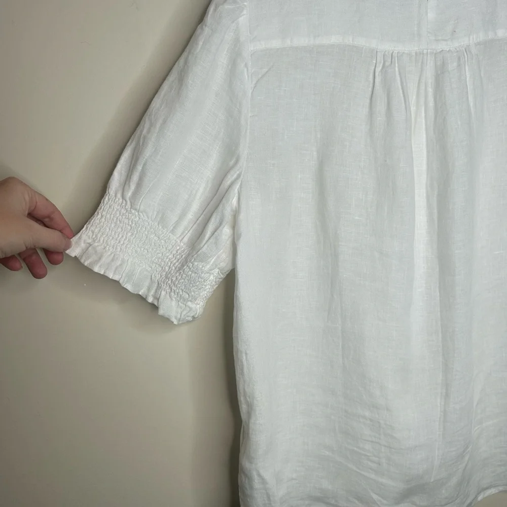 J Crew White Crisp Linen Blouse Size M High Ruffled Neck and Sleeves Romantic - Picture 8 of 8